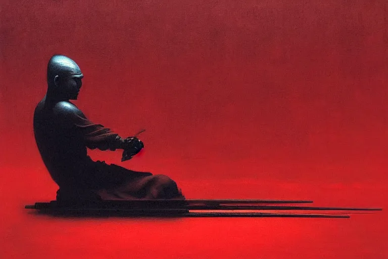 Prompt: only with red, a red samurai do seppuku, tokio, a lot of frogs watch, in the style of beksinski, parts by edward hopper, parts by rodcenko, parts by yue minjun, intricate and epic composition, red by caravaggio, insanely quality, highly detailed, masterpiece, red light, artstation, 4 k