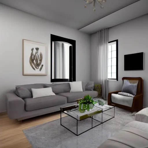 Image similar to apartment in soothing colors, furnished by nate berkus, ultra realstic, 8k octane render