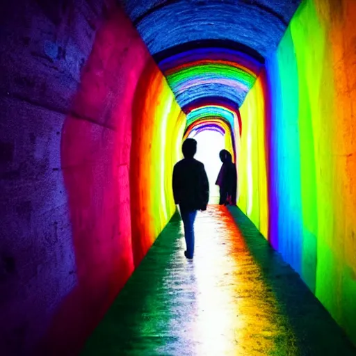 Prompt: a person with rainbow hair staring into a bright light at the end of a tunnel