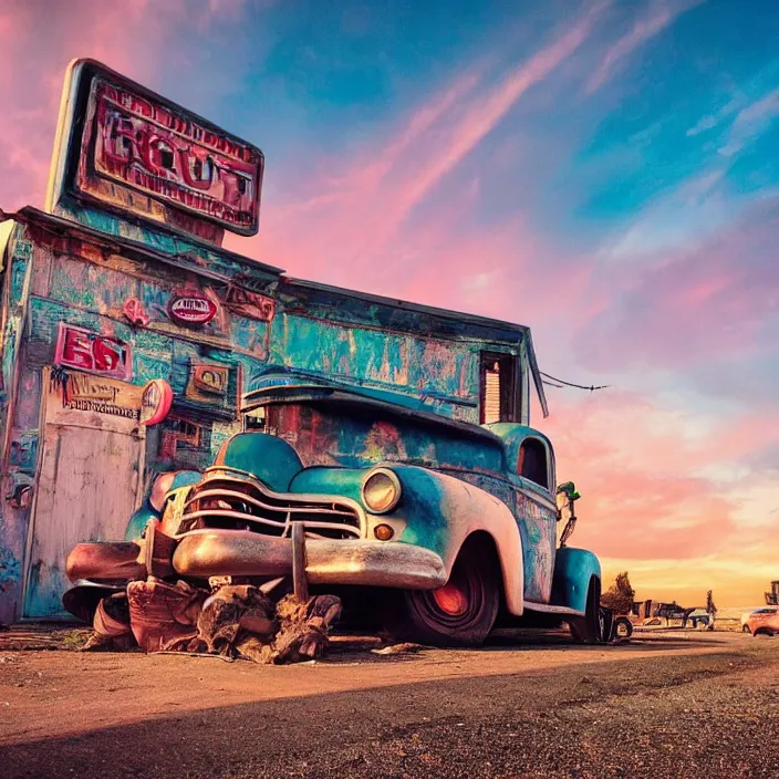 Image similar to a sunset light landscape with historical route 6 6, lots of sparkling details and sun ray ’ s, blinding backlight, smoke, volumetric lighting, colorful, octane, 3 5 mm, abandoned gas station, old rusty pickup - truck, beautiful epic colored reflections, very colorful heavenly, softlight