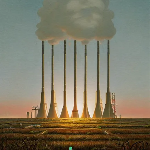 Prompt: highly detailed scene, artstation style, artstation form, A nuclear power plant in utopia by Simon Stålenhag and Grant Wood, oil on canvas