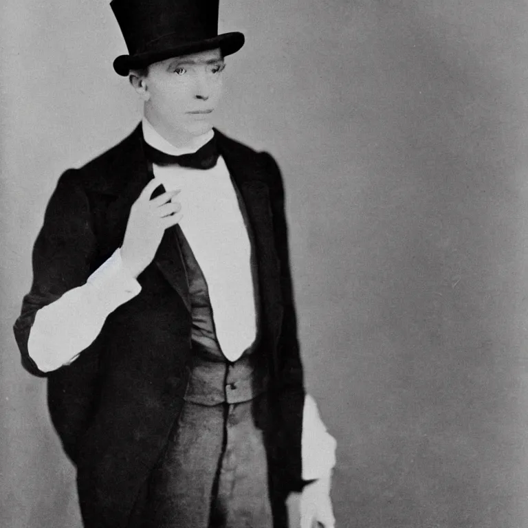 Image similar to A young man in a top hat in an elegant black suit has a cryptic smile on his face