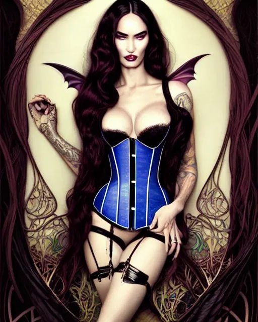 Prompt: new art nouveau portrait of fantasy succubus megan fox wearing a latex corset, anna dittmann, patrick nagle, charlie bowater and loish. long windblown hair, very large, clear, expressive, and intelligent eyes, ultrasharp focus, dramatic lighting, photorealistic digital matte painting, intricate ultra detailed background.