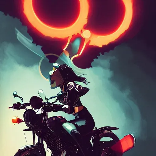 Prompt: a woman riding a motorcycle with demon horns, comicbook art masterpiece, by denys cowan and ilya kuvshinov and greg rutkowski, realistic faces and anatomy, trending on pixiv