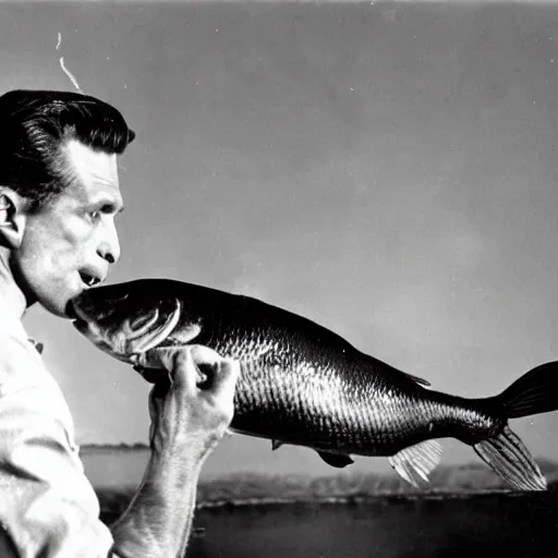 Image similar to a screen still of a man chewing on a carp from an episode of the twilight zone