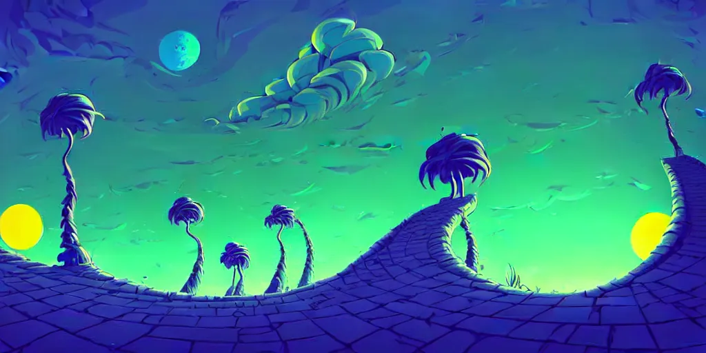 Prompt: night dark sky, moon, stars, curled perspective digital art of spiral clouds cobblestone street in top of a hill with curly palmtrees by anton fadeev from nightmare before christmas