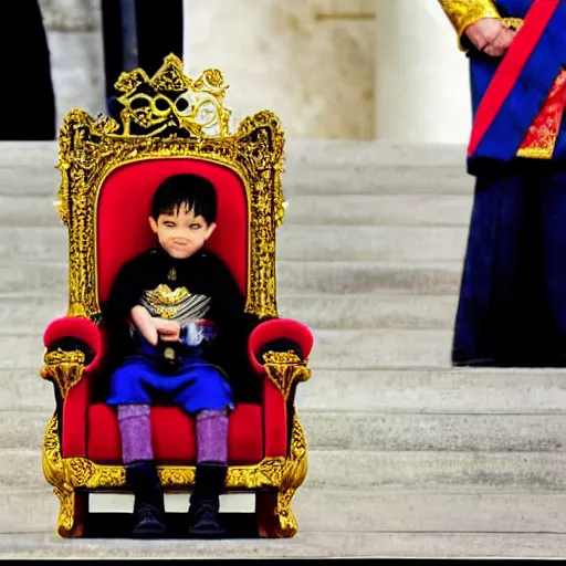 Image similar to little boy, prince sit on the throne chair in the throne room. he wear casual kings clothes and have crown on his head. guards protect him.