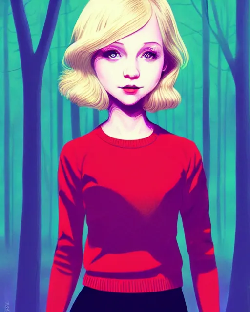 Prompt: digital illustration of pretty girl savrina with short blonde hair wearing a sweater, from alice in wonderland, smoking, in a wonderland forest at night, by ilya kuvshinov, lois van baarle, rossdraws, basquiat