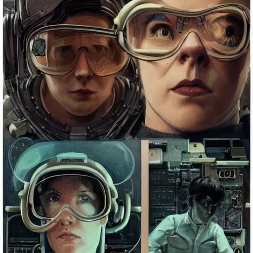 Prompt: tattooed stoic heroic emotionless butch blond woman engineer, awkward and anxious, victorian goggles, very short slicked - back hair, control room of the nostromo - volumetric lighting - alien 1 9 7 9, wlop, james jean, victo ngai! muted colors, very detailed, craig mullins, thomas kinkade, cinematic