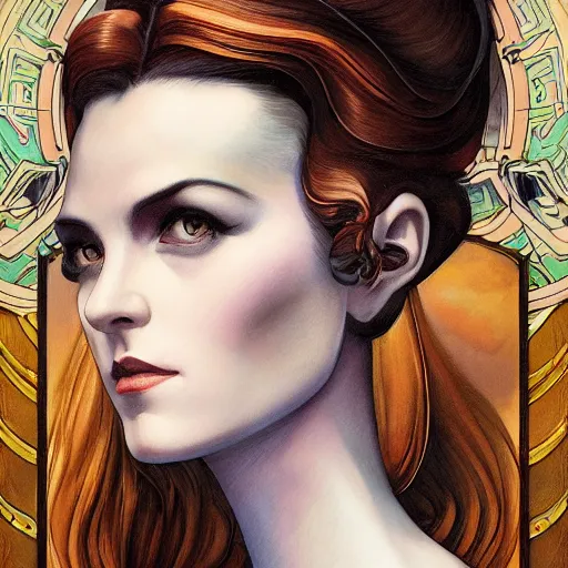 Image similar to an art nouveau, ( streamline moderne ), multi - racial portrait in the style of anna dittmann and donato giancola and chanthara. very large, clear, expressive, and intelligent eyes. centered, ultrasharp focus, dramatic lighting, photorealistic digital matte painting, intricate symmetrical ultra detailed background.