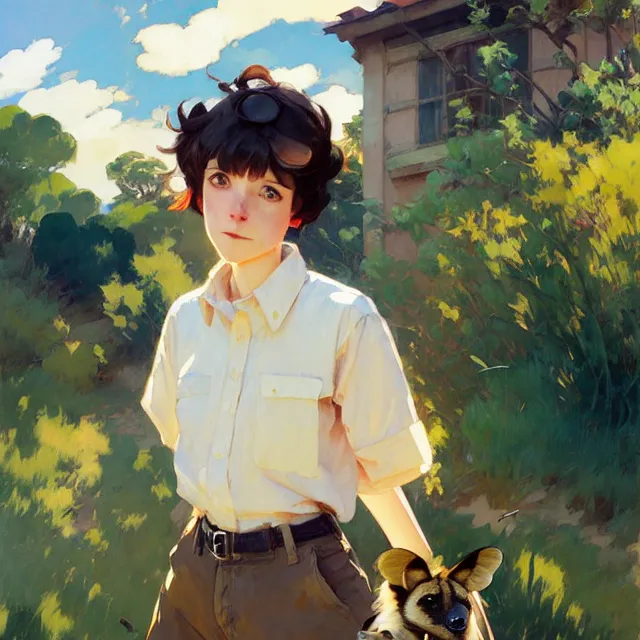 Image similar to a female character inspired by an african wild dog, flannel shirt and shorts, short hair, basic background, krenz cushart, mucha, ghibli, by joaquin sorolla rhads leyendecker, by ohara koson