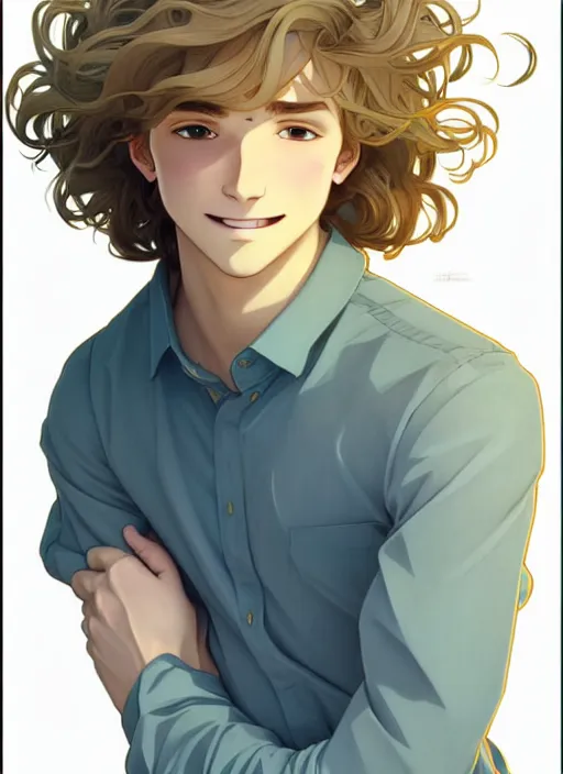 Image similar to young man with medium - length, curly, golden hair, perfectly proportioned face, aquamarine eyes, sweet smile, natural lighting, path traced, highly detailed, high quality, cartoon, digital painting, by new haicheng and studio ghibli and alphonse mucha