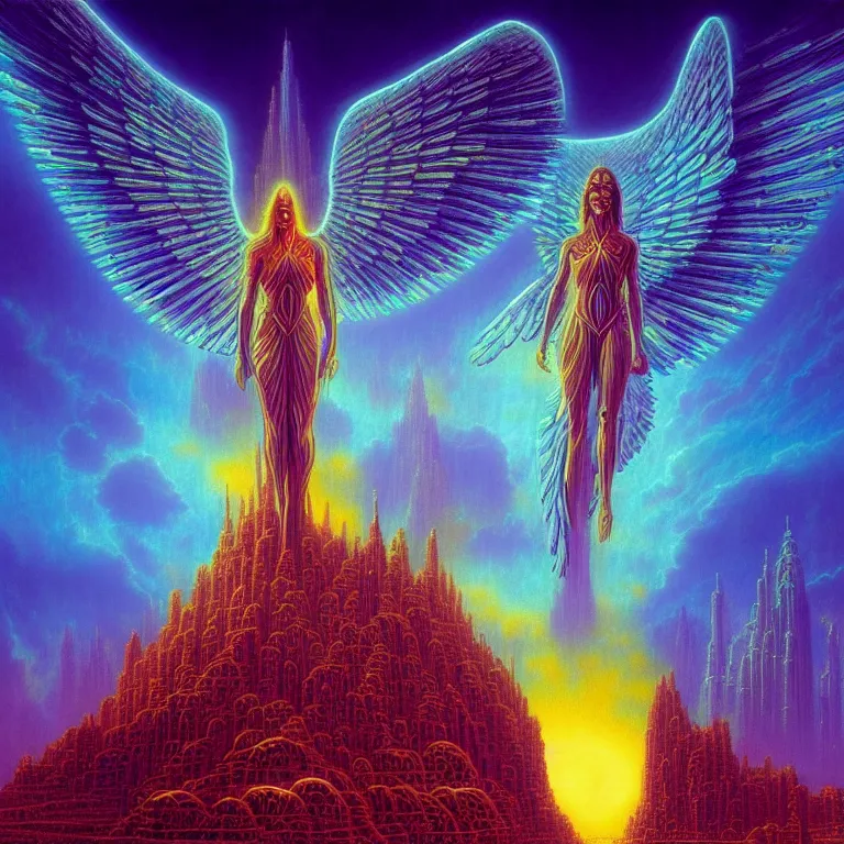 Image similar to mysterious glowing angels over epic dark ancient city, infinite fractal tesseract, quantum waves, synthwave, bright neon colors, highly detailed, cinematic, tim white, vladimir kush, philippe druillet, roger dean, bob eggleton, michael whelan, boris vallejo, alfred kelsner, kubrick