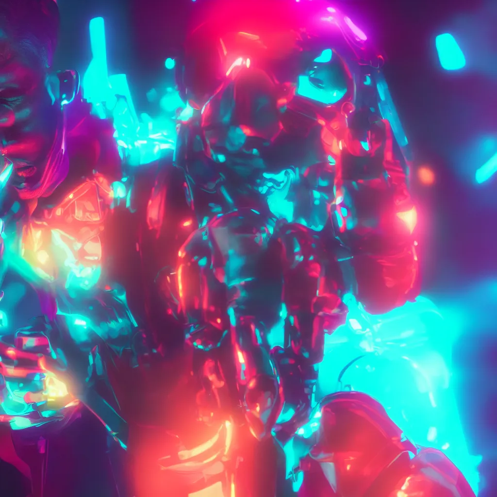 Image similar to portrait of a beautiful neon man lovingly licking his roland synthesizer, 4k, volumetric lighting, close-up, trending on artstation, octane render, hyperrealistic