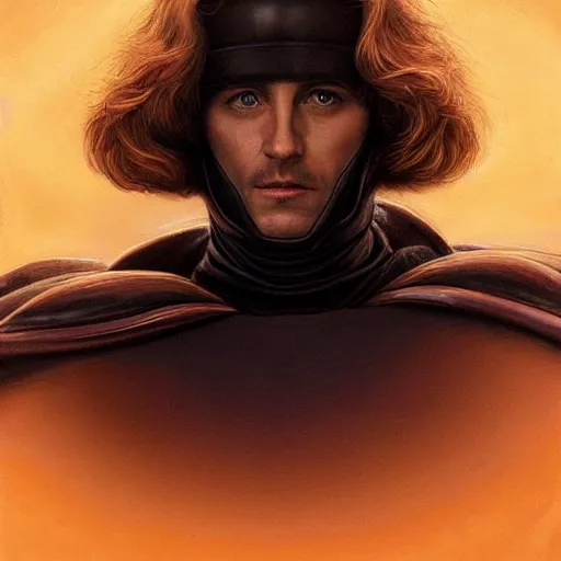 Image similar to realistic paul atreides emperor of the known universe, perfect dramatic and dark portrait by rabbitary b, trending on artstation, deviantart, dune, low angle oil painting and composition laws, dark foggy background, masculine man with thin lines on the face, medium - long curly brown hair, completely blue eyes, denis villeneuve cinematography