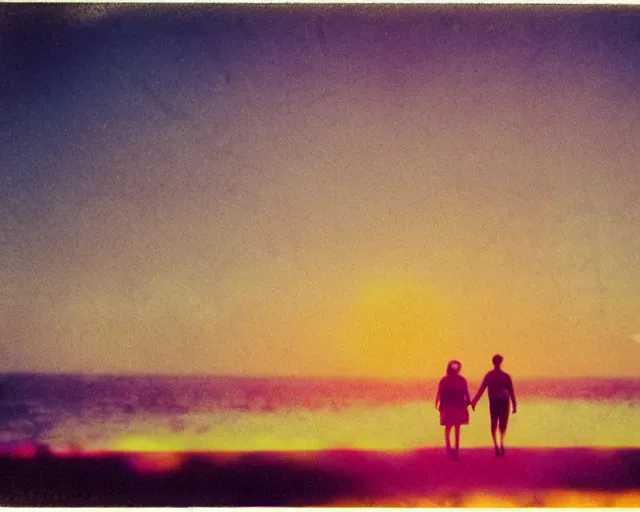 Image similar to a couple walks on the beach, hundreds of spheres in the sky, violet and yellow sunset, polaroid photo, whimsical and psychedelic, 1 9 6 0 s, grainy, expired film, glitched