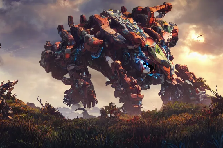 Image similar to clamberjaw machine mecha animal beast robot of horizon forbidden west horizon zero dawn bioluminiscence global illumination ray tracing hdr fanart arstation by sung choi and eric pfeiffer and gabriel garza and casper konefal