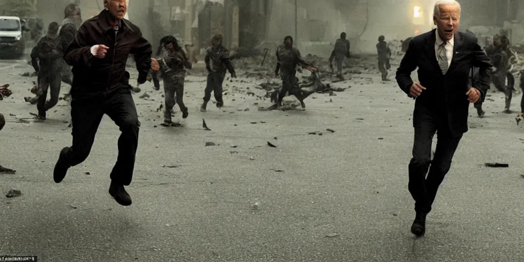 Prompt: movie still of joe biden running away from a hoard of infected zombies in the movie 2 8 days later, detailed, real, cinematic