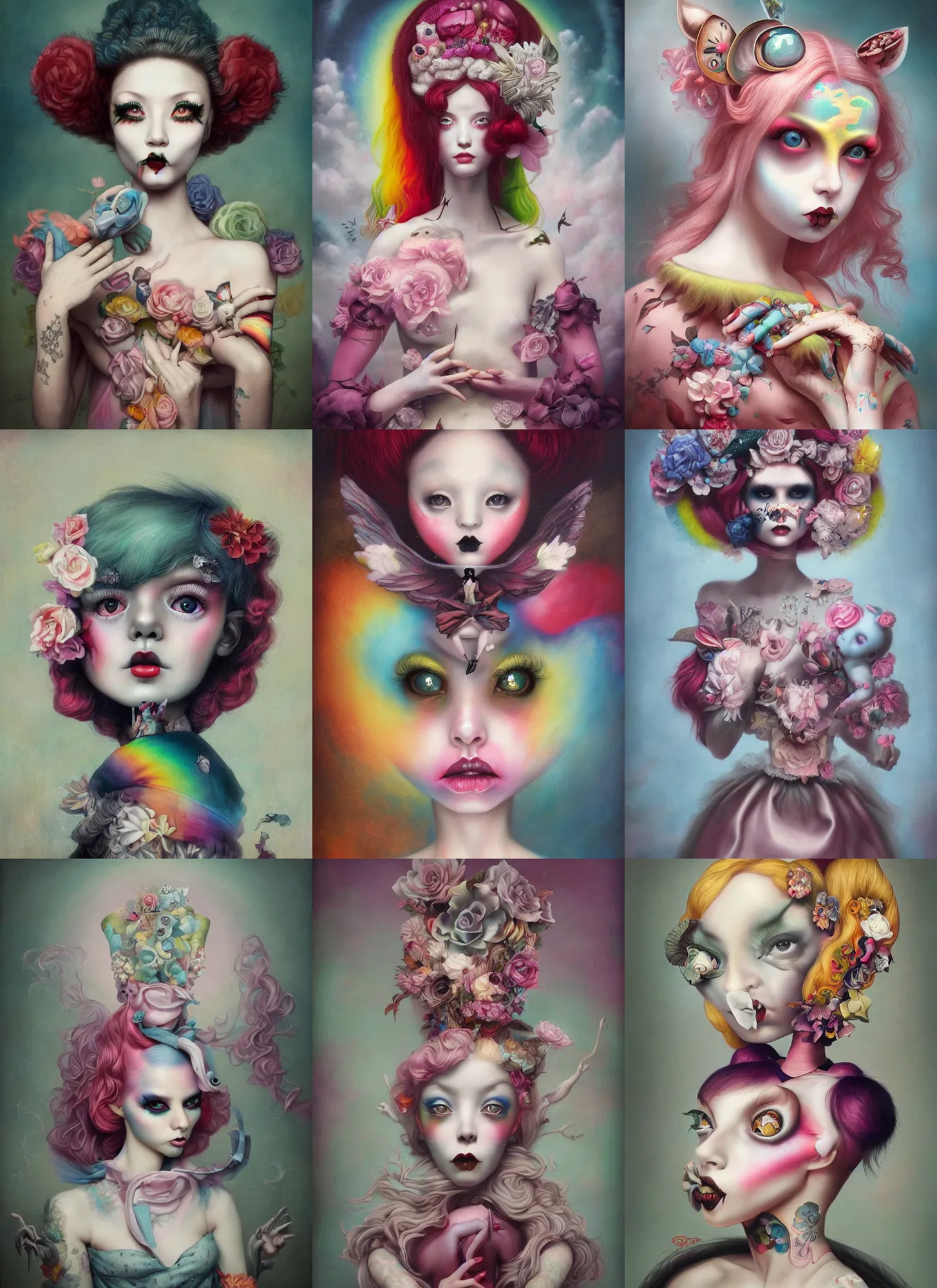 Prompt: pop surrealism, lowbrow art, realistic rainbow haute couture painting, japanese street fashion, hyper realism, muted colours, rococo, natalie shau, loreta lux, tom bagshaw, mark ryden, trevor brown style,