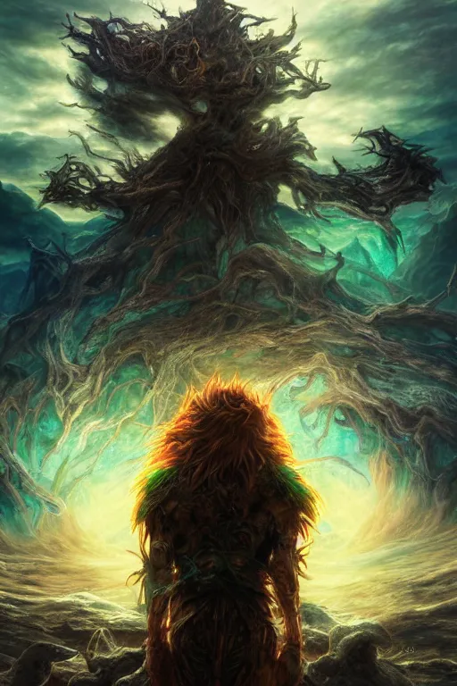 Image similar to an ultra detailed 3 d render of shaggy as an elden ring boss, epic anime fantasy, 8 k, in the style of a fantasy metal album cover and magic the gathering, volumetric lighting, smooth, highly detailed, digital illustration, octane render, art by albert bierstadt and greg rutkowsi, artstation