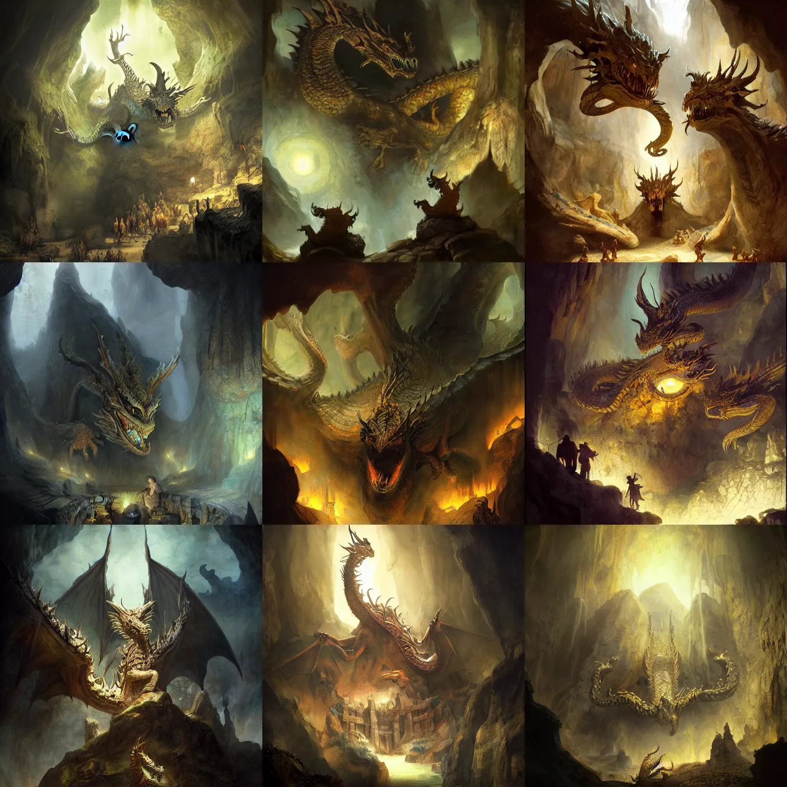 Prompt: a seven headed dragon is guarding treasures!! in a cave. atmospheric, fantasy concept art by Rembrandt and Da Vinci, Tolkien and michael komarck