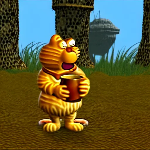 Image similar to garfield drinking from a vase in morrowind, retro pc graphics, video game screenshot