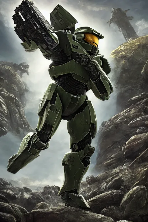 Image similar to master chief from halo picking up easter eggs, picking up easter eggs, oil on canvas, intricate, 8 k highly professionally detailed, hdr, cgsociety