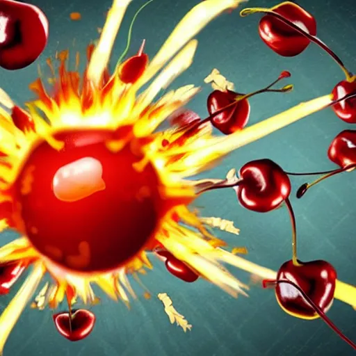 Image similar to Bomb, fire, explosion, epic, realistic explosion, Cherry explosion, realistic explosion, cherries exploding