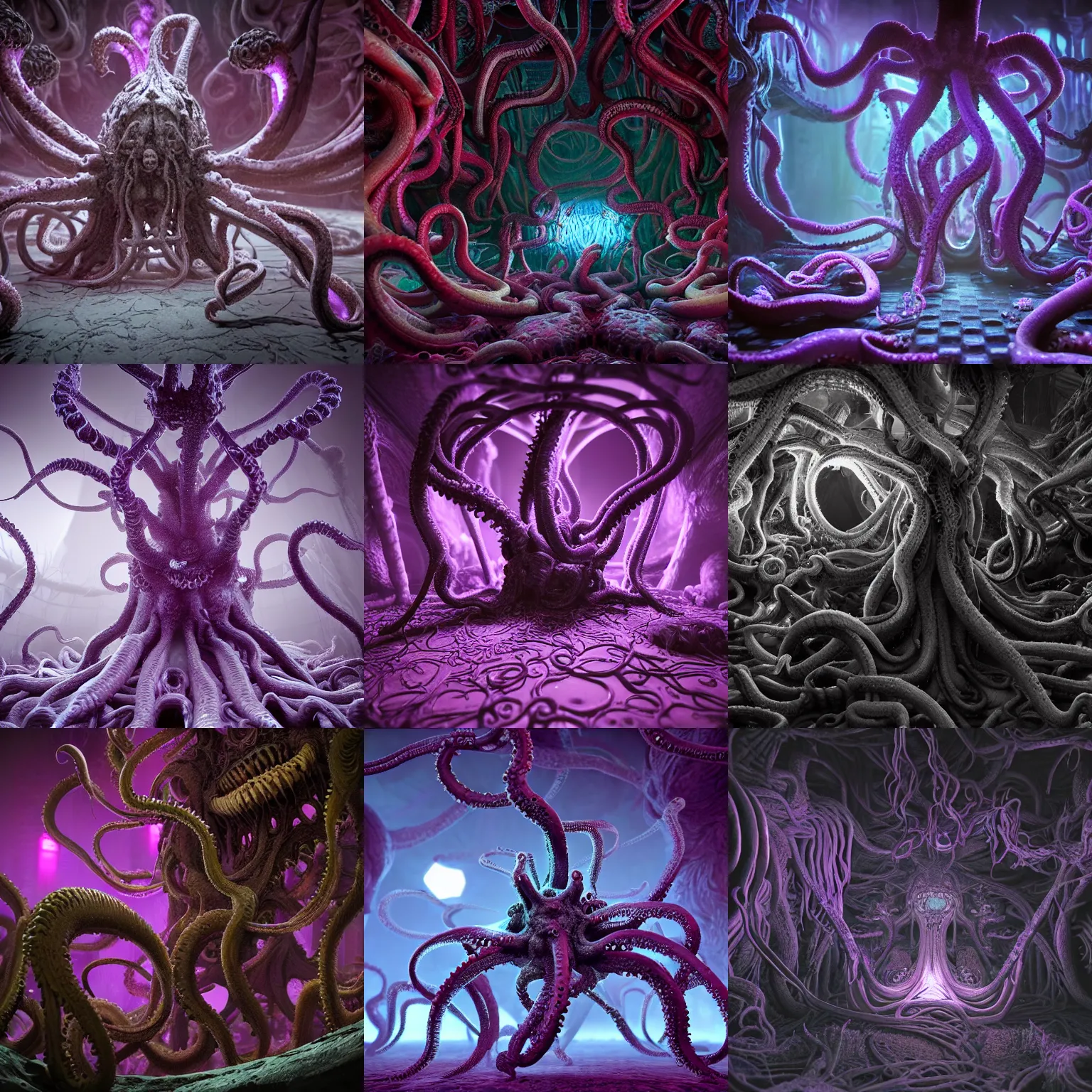 Prompt: terrifying shub niggurath highly detailed tentacles cosmic horror, abstract, ghostly, arcade, duotone, poltergeist, epic lighting, intricate, elegant, highly detailed, smooth, sharp focus, photo real, ultra realistic, unreal engine 5, raytracing, in the style of beeple and mike winkelmann, ultraviolet colors,