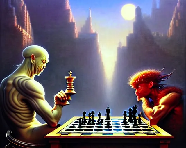 Image similar to street view of two gods playing chess with humans, fantasy landscape made of fractals facing each other, ultra realistic, wide angle, intricate details, the fifth element artifacts, highly detailed by peter mohrbacher, hajime sorayama, wayne barlowe, boris vallejo, aaron horkey, gaston bussiere, craig mullins