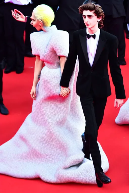 Image similar to timothee chalamet and lady gaga holding hands on the red carpet, beautiful detailed faces, canon eos