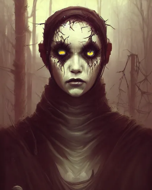 Image similar to professional ominous concept art portrait of a character with black ink makeup and black eyeballs by artgerm and greg rutkowski. an intricate, elegant, highly detailed digital painting, concept art, smooth, sharp focus, illustration, in the style of simon stalenhag, wayne barlowe, and igor kieryluk.