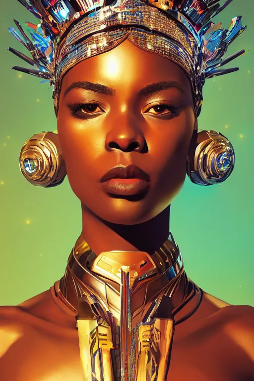 Image similar to portrait of the African Android Queen, by DC comics and Sandra Chevrier and beeple, artstation, volumetric lighting, hyperrealism, 4k UHD