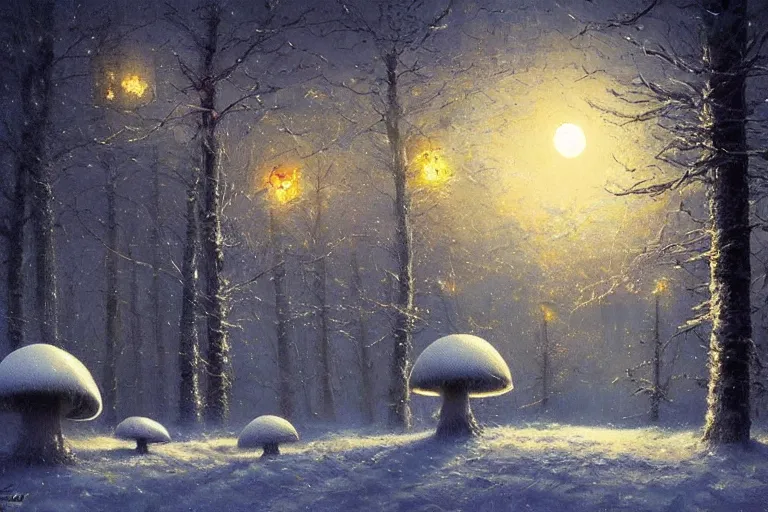 Prompt: moon night; Landscape of giant glowing mushrooms mushrooms, glowing blue By Greg Rutkowski, Thomas Kinkade Cold light, snow winter, snow blizzard