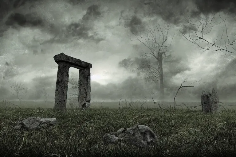 Prompt: goddamn place, empty field with old stones, evil, dark night, highly detailed digital art, photorealistic