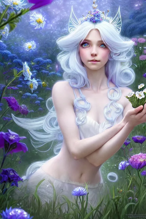 Prompt: highly detailed illustration beautiful white - haired fairy princess in a flower garden, wonderful blue eyes, deep focus, d & d, fantasy, complex, elegant, highly detailed, digital painting, artstation, concept art, matte, clear focus, illustration, hearthstone, art by artgerm and greg rutkowski and alphonse mucha