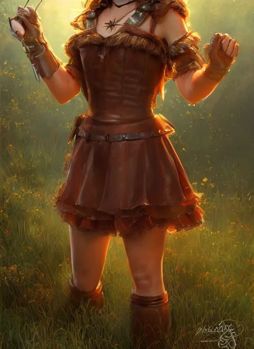 Image similar to beautiful female dorothy gale, rebecca romijn as dorothy, full body character concept, full leather armor, super powers, fantasy, intricate, elegant, highly detailed, digital painting, artstation, concept art, shining, sharp focus, illustration, art by stanley lau