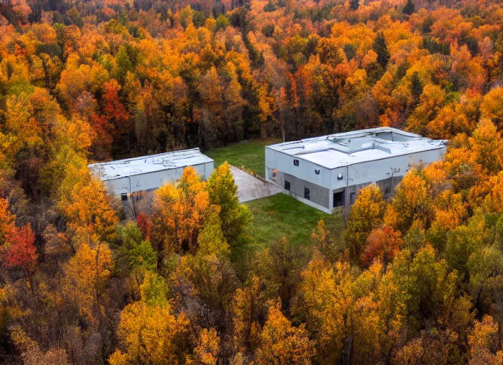 Image similar to low drone shot of a ranch style Juvenile Detention Center middle of the Woods during autumn