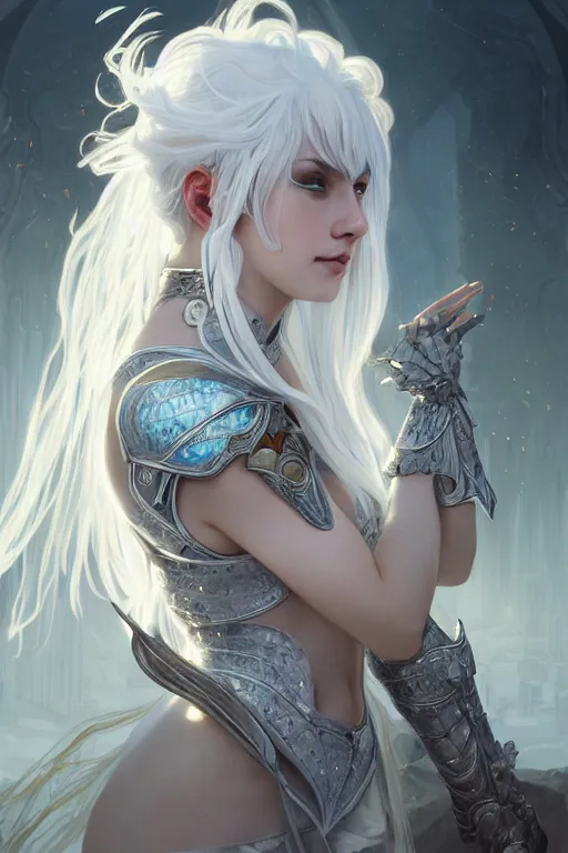 Image similar to portrait white hair knights of Zodiac girl, Sliver ice color reflected armor, in ruined Agora of Athens Sunrise, ssci-fi and fantasy, intricate and very very beautiful and elegant, highly detailed, digital painting, artstation, concept art, smooth and sharp focus, illustration, art by tian zi and WLOP and alphonse mucha