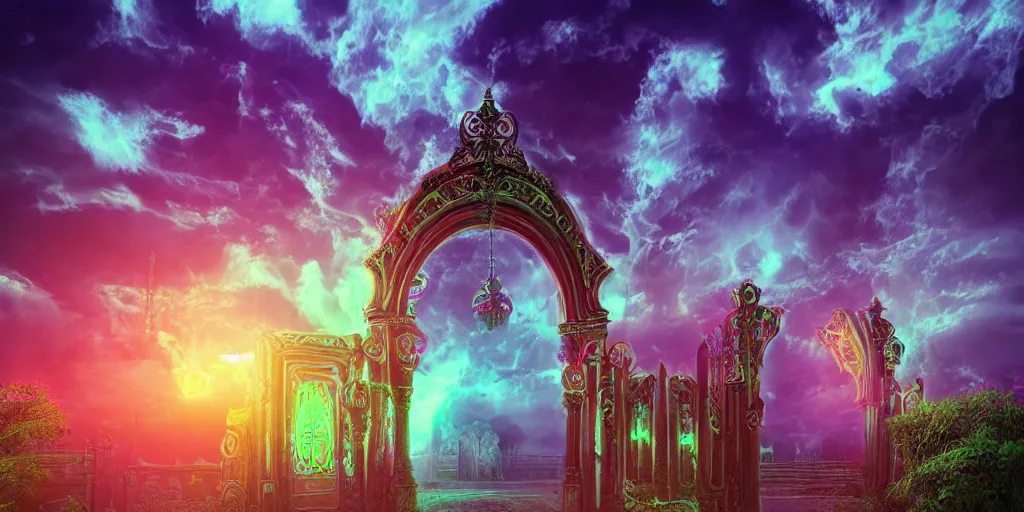 Prompt: [ palate ] [ nebulous energy ] [ muted neon colors ] intricate giant gothic style portal to purgatory with paisley cloud pattern, god at the gate, award winning composition, vibrant neon nebulous clouds, symmetrical details, hyper realistic illustration, radiant light rays, photorealistic illustration, intricate and fine details, volumetric lighting,