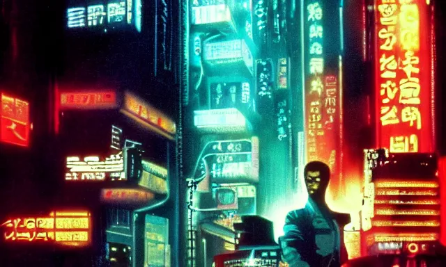 Prompt: full - color cinematic movie still from the 1 9 8 2 anime - adaptation of blade runner. science - fiction ; action ; neon ; gritty ; dystopian ; detective mystery.