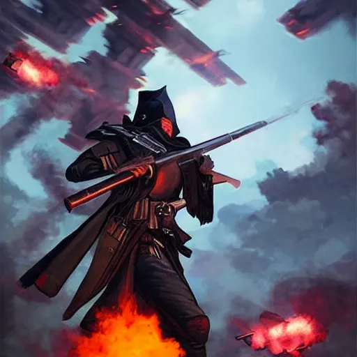 Image similar to magic cannons shotting. Magic muskets shooting at night in a revolution. 1700 style, symmetric face, hyperrealism, epic fantasy digital art, fantasy style art, by Greg Rutkowski, fantasy magic the gathering card art style