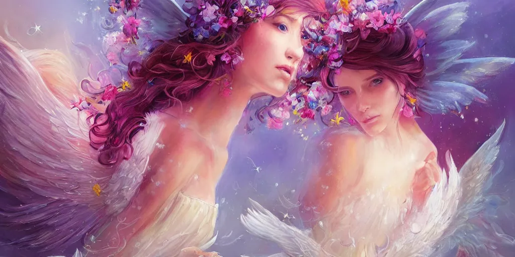 Image similar to a colorful and provenance illustration painting of a angel with her hugeflowers wings spread out gracefully ， detailed, highly detailed, dramatic lighting, hair made of hair made of air wind and curling smoke, mist, dust, genie, flowers, flower, stars, spirit fantasy concept art ， art by charlie bowater and aenami, trending on artstation.