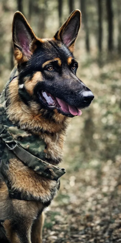 Image similar to close up character portrait icon of the german shepard beast - man military uniform head animal person wearing clothes standing in the bright forest, 4 k, tone mapping