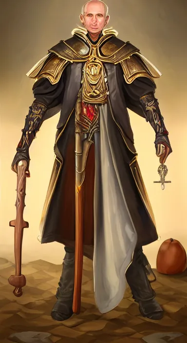 Prompt: Full body portrait of the great inquisitor of the Sect of the Holy Spoon, holding his ceremonial giant spoon. Award-winning digital art, trending on ArtStation