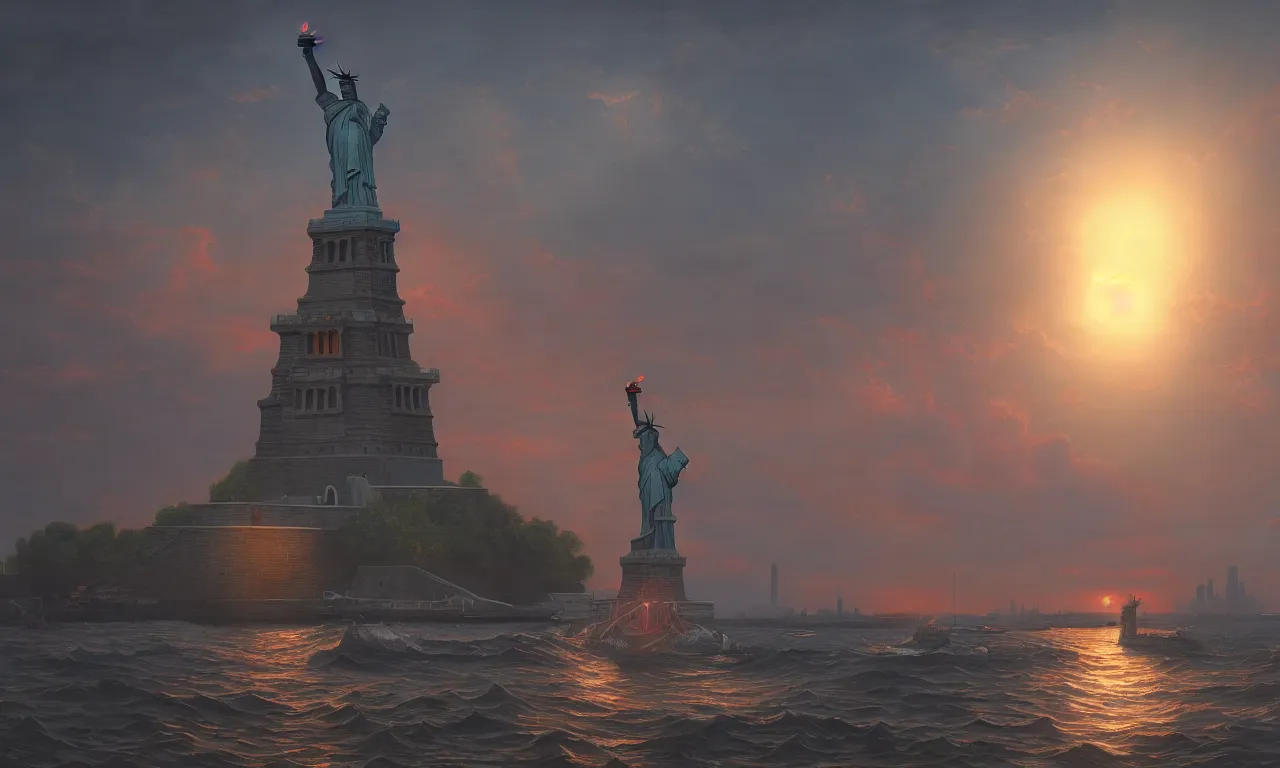 Image similar to statue of liberty with a cycloptic robot head looking over the harbor, by asher brown durand, trending on artstation, 8 k resolution, red lights, cyberpunk, demonic symbols