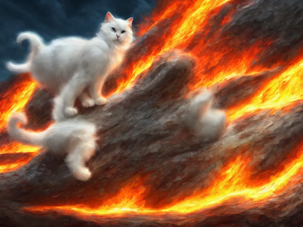 Prompt: a white fluffy cat surfing on lava, muscular, erupting volcano, stunning scene, 8 k, extremely detailed digital painting, depth, bright colors, trending on artstation