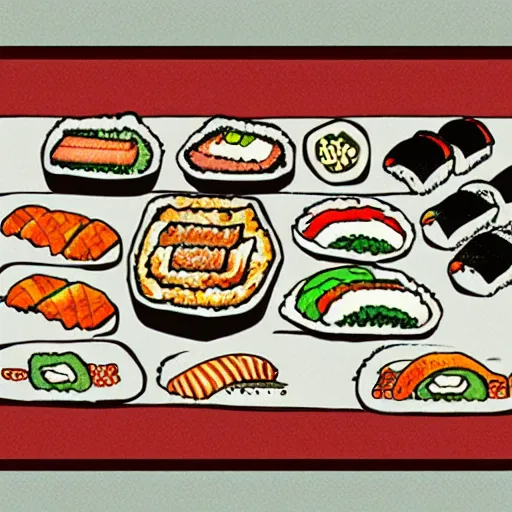 Image similar to illustration of philadelphia roll sushi, in traditional japan style, by makoto shinkai and takashi takeuchi