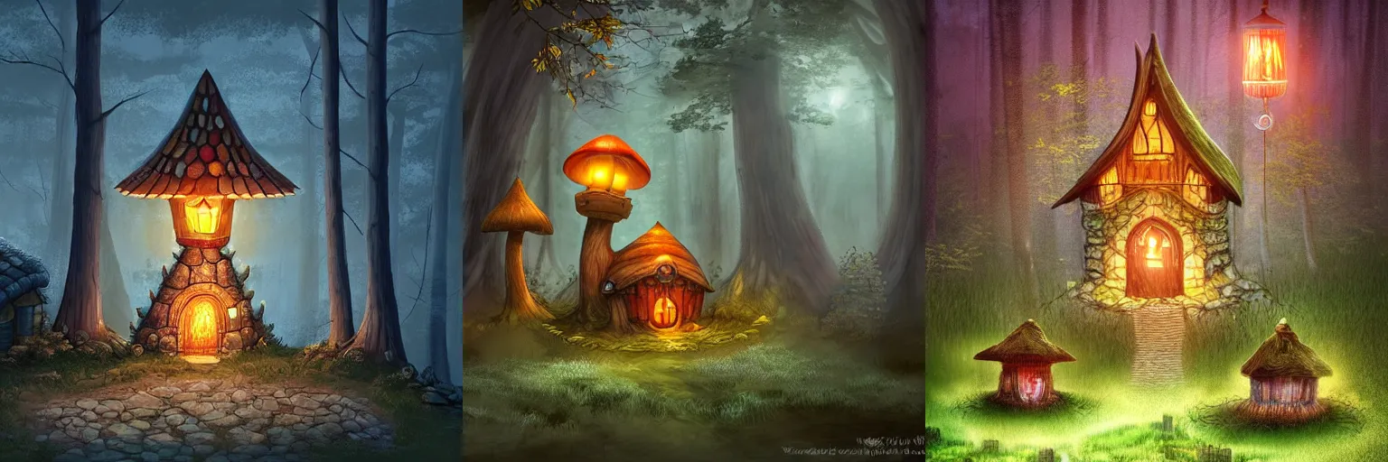 Prompt: a fantasy style mushroom house in the middle of the woods, with a lantern lighting the entrance, 8k, ambient lighting, digital art, trending on art station