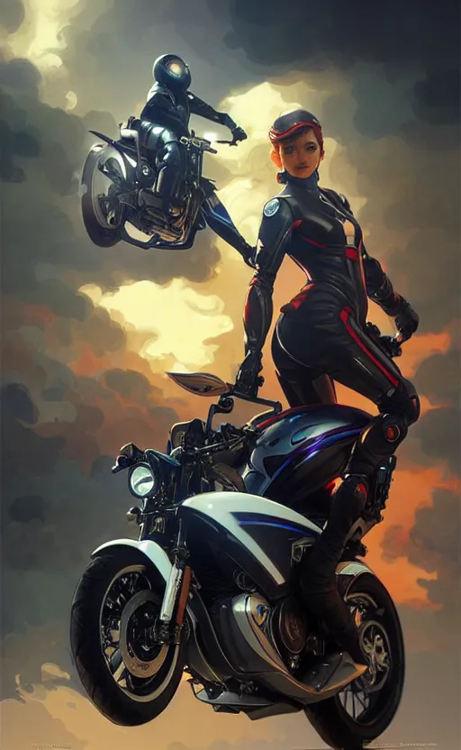 Image similar to Police female riding yamaha motorcycle, sci-fi, highly detailed, digital painting, artstation, concept art, smooth, sharp focus, illustration, art by artgerm and greg rutkowski and alphonse mucha